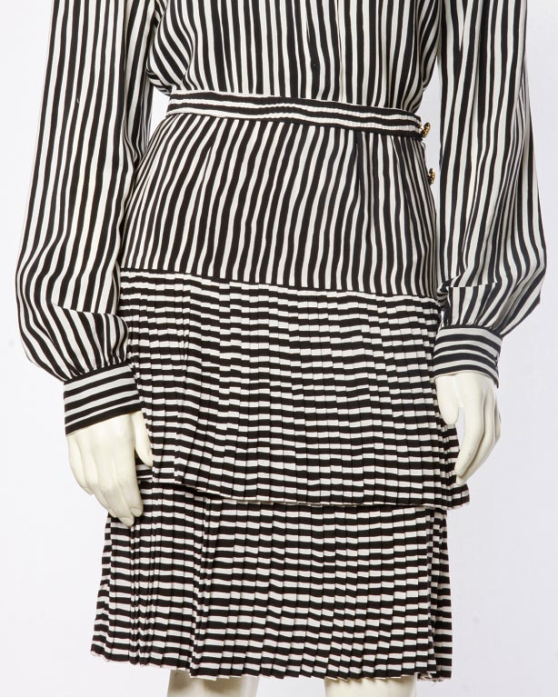 Women's Adolfo Vintage 1980's Silk Striped Skirt Top Sash 3Pc Suit Set