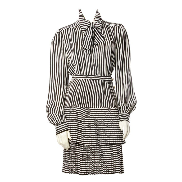 Adolfo Vintage 1980's Silk Striped Skirt Top Sash 3Pc Suit Set