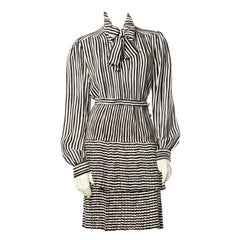 Adolfo Vintage 1980's Silk Striped Skirt Top Sash 3Pc Suit Set