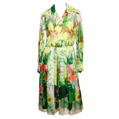 Retro 1960's Kiki Hart Silk Tropical Botanical Print Dress