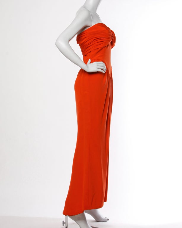 Oscar de la Renta Vintage Dress/ 80s Red Silk Strapless Gown at 1stDibs