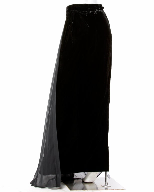 Lanvin Custom Label Black Velvet Skirt w/ Silk Chiffon Train In Excellent Condition In Sparks, NV