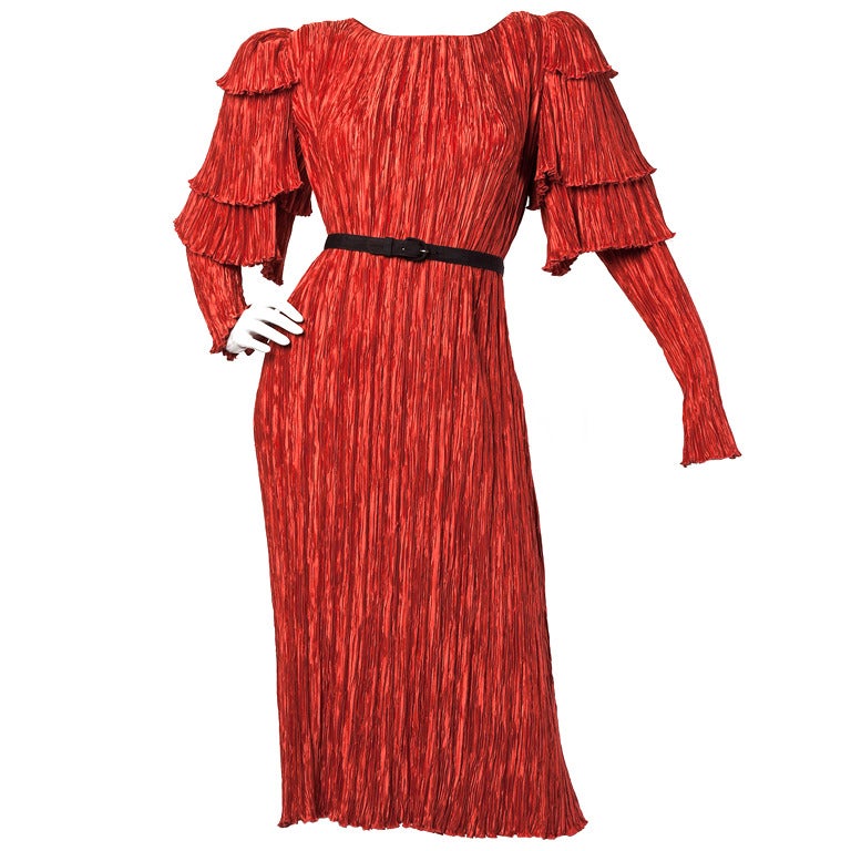 Mary McFadden Vintage Red Tiered Pleat Avant Garde Dress at 1stdibs