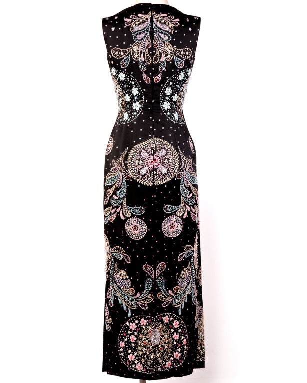 Vintage 1960's Hand-Beaded Sequin Black Silk Satin Gown Dress In Excellent Condition In Sparks, NV