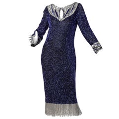 Bob Mackie Retro Beaded + Sequin Fringe Silk Flapper Dress