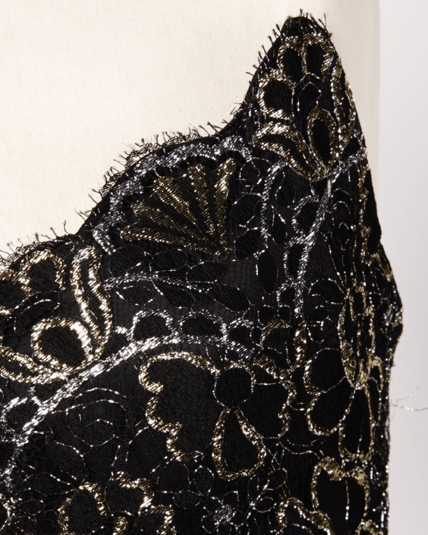 Scaasi 80s Vintage Metallic Black Lace Strapless Dress 1