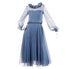 Richilene for Elizabeth Arden 1970s Blue Sheer Silk Midi Dress