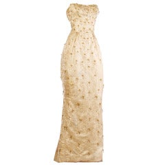 Vintage 1950's Metallic Gold Beaded Rhinestone Evening Dress