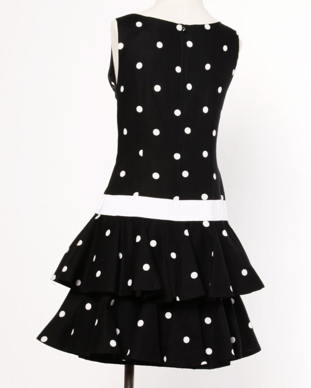 Mollie Parnis Vintage 1980s Polka Dot Ruffle Bow Dress in Black & White In Excellent Condition In Sparks, NV