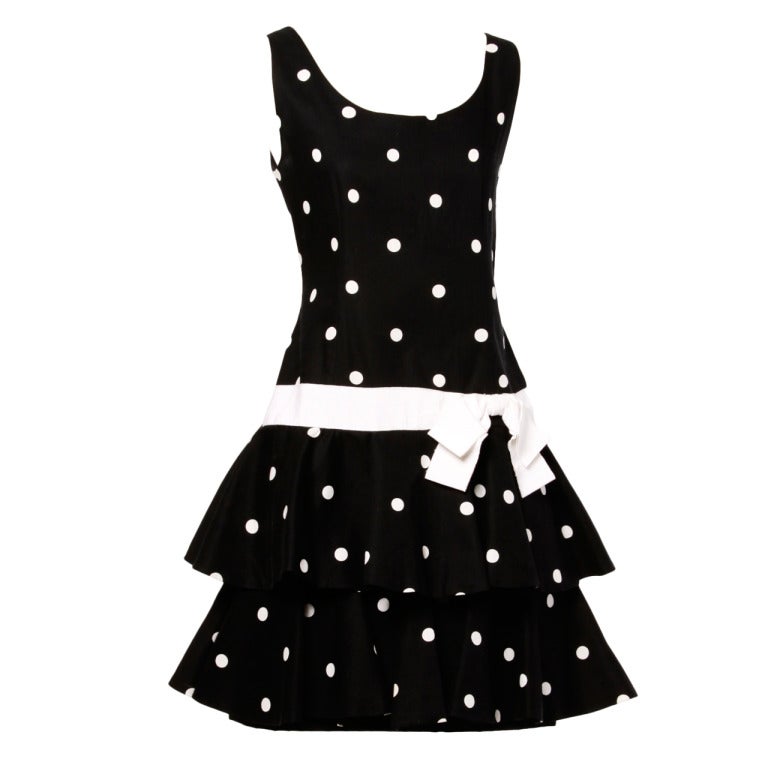 Mollie Parnis Vintage 1980s Polka Dot Ruffle Bow Dress in Black & White