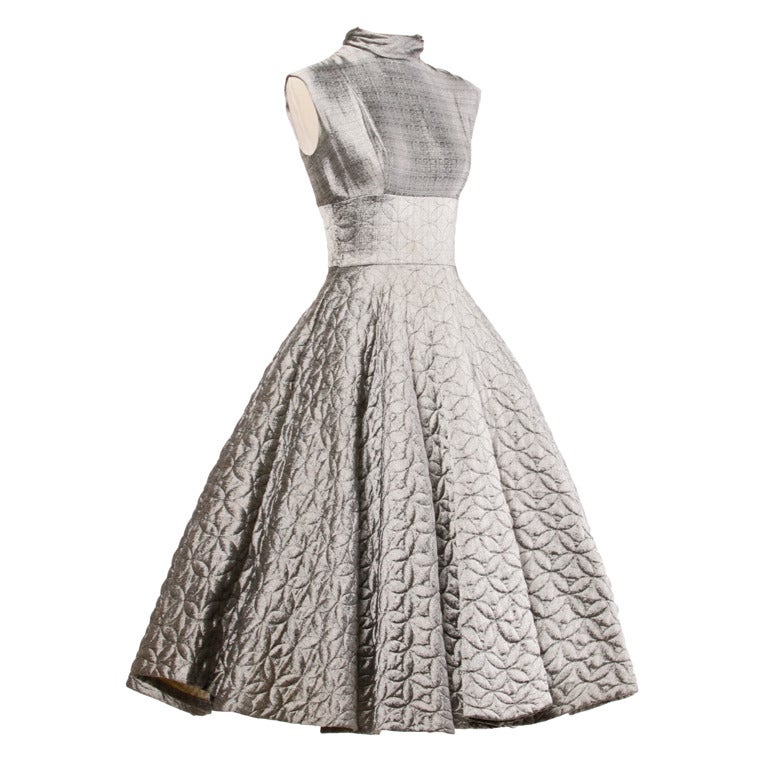 Vintage 1950s Metallic Silver Quilted Full Sweep Cocktail Dress