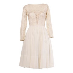 Sandra Sage Vintage 1950s Cream Nude Illusion Lace + Silk Chiffon Dress 11