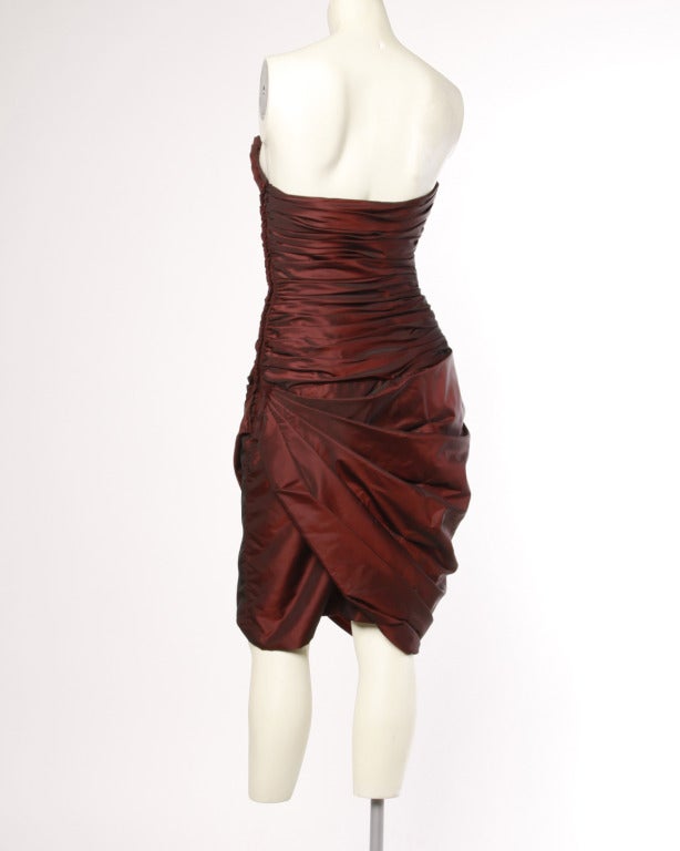 Women's Victor Costa Vintage 1980s Burgundy Strapless Asymmetric Ruched Mini Dress