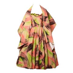 Außergewöhnliches handbemaltes Neon-Kleid aus den 1950er Jahren + Wrap von Maya de Mexico