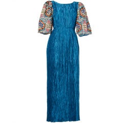 Mary McFadden Couture Vintage 1980s Sequin Beaded Blue Gown