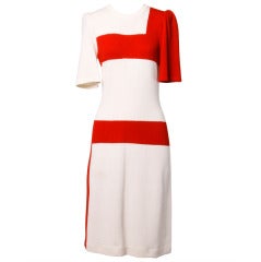 Adolfo Vintage 1980s Red + White Geometric Color Block Knit Sheath Dress