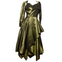 Vintage 40er Jahre schillernde Olive Seide Taft asymmetrische Kleid
