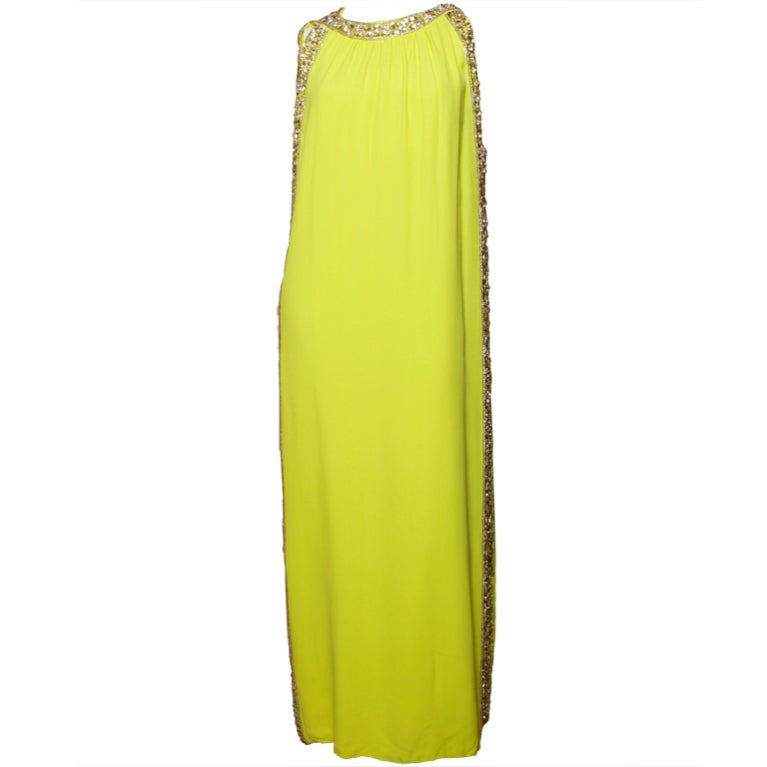 1960s Silk Two-Piece Metallic Jeweled + Sequin Citrus Maxi Dress