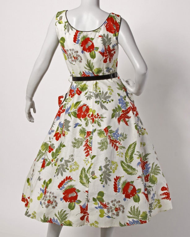 1950s 50s Vintage Floral Print Full Circle Sweep Party Dress with Rhinestones