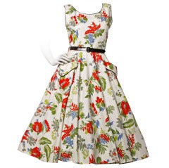 1950s 50s Retro Floral Print Full Circle Sweep Party Dress with Rhinestones