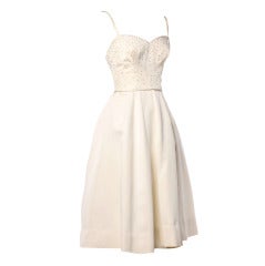 Retro 1950s 50s Rhinestone + Beaded Off-White Cocktail or Wedding Dress