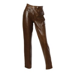 Burberrys 90s 1990s Brown Soft Buttery Leather High Waist Trouser Pants