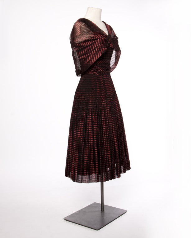Black Vintage 1940s Sheer Red Stripe Dress + Wrap