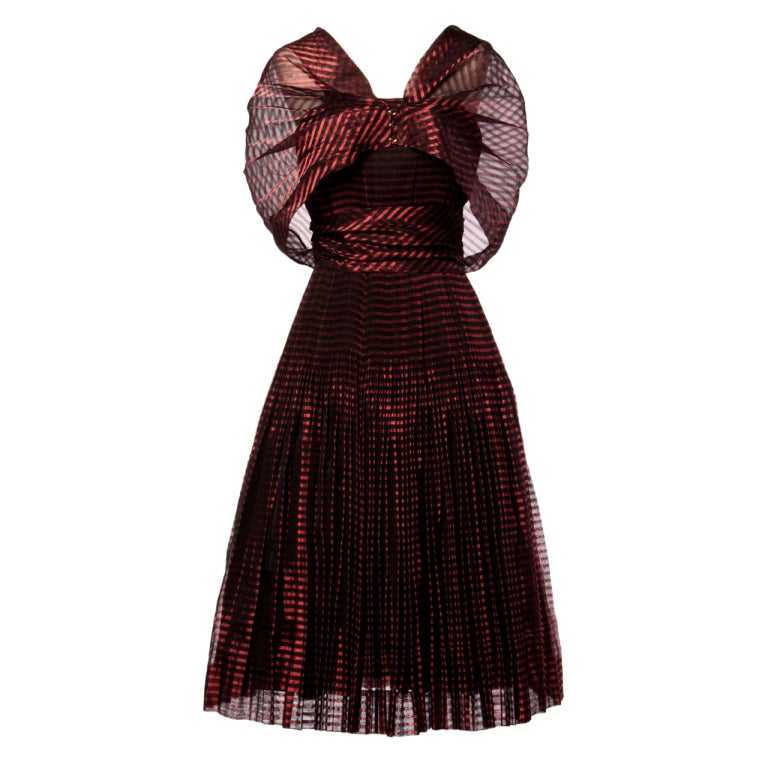 Vintage 1940s Sheer Red Stripe Dress + Wrap