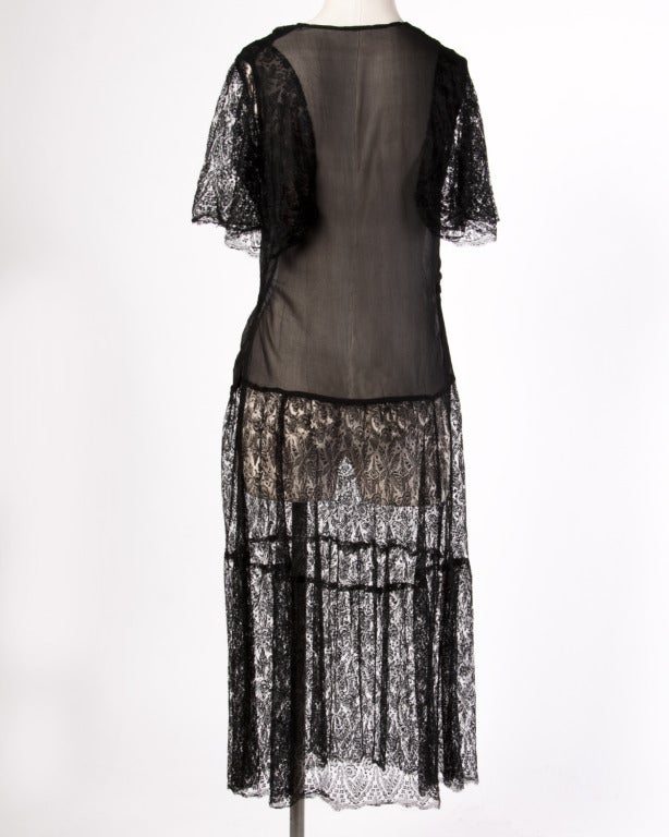 Vintage 1920s 20s Sheer Black Silk Chiffon + Lace Drop Waist Flapper Dress In Excellent Condition In Sparks, NV