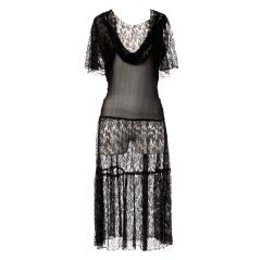 Vintage 1920s 20s Sheer Black Silk Chiffon + Lace Drop Waist Flapper Dress