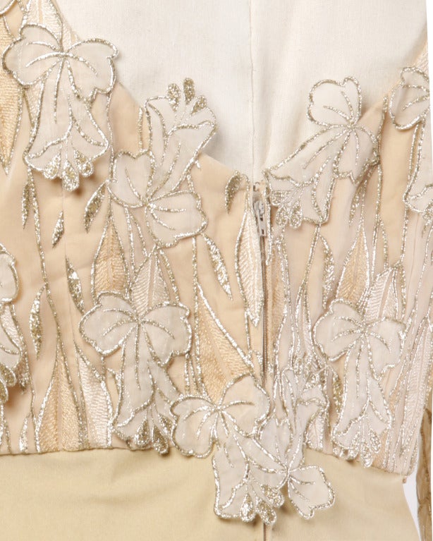 Women's Ruben Panis Vintage 80s 1980s Nude Silk Jersey Metallic Leaves + Flowers Dress