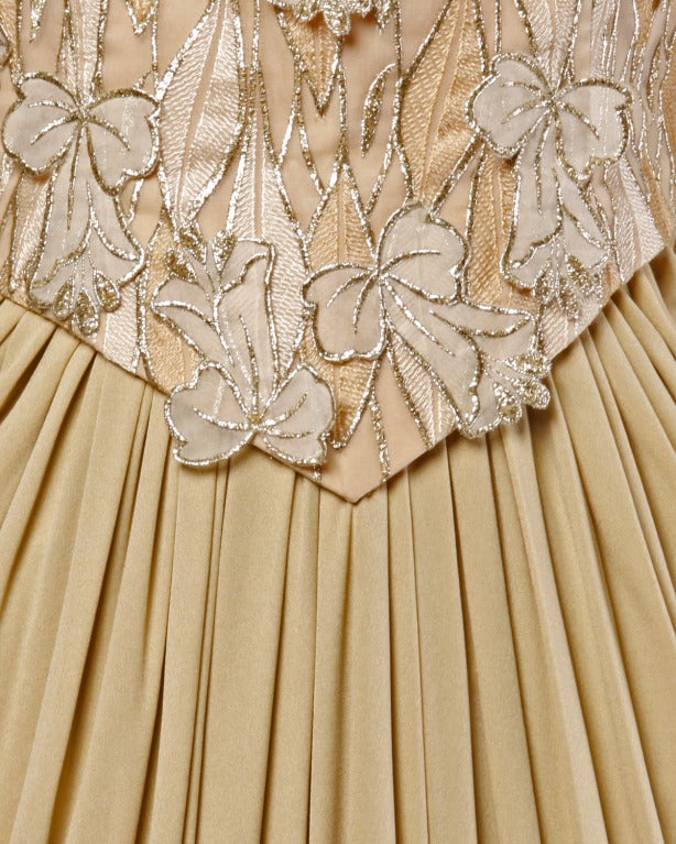 Ruben Panis Vintage 80s 1980s Nude Silk Jersey Metallic Leaves + Flowers Dress 1