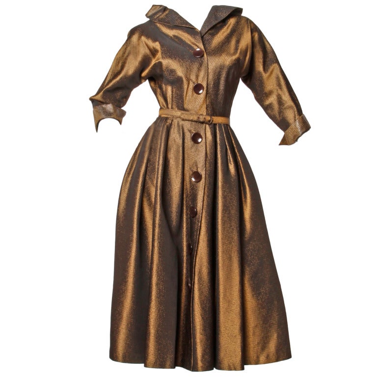 Vintage 1940s 40s Brown Taffeta Formal Dress with Bakelite Buttons + Belt