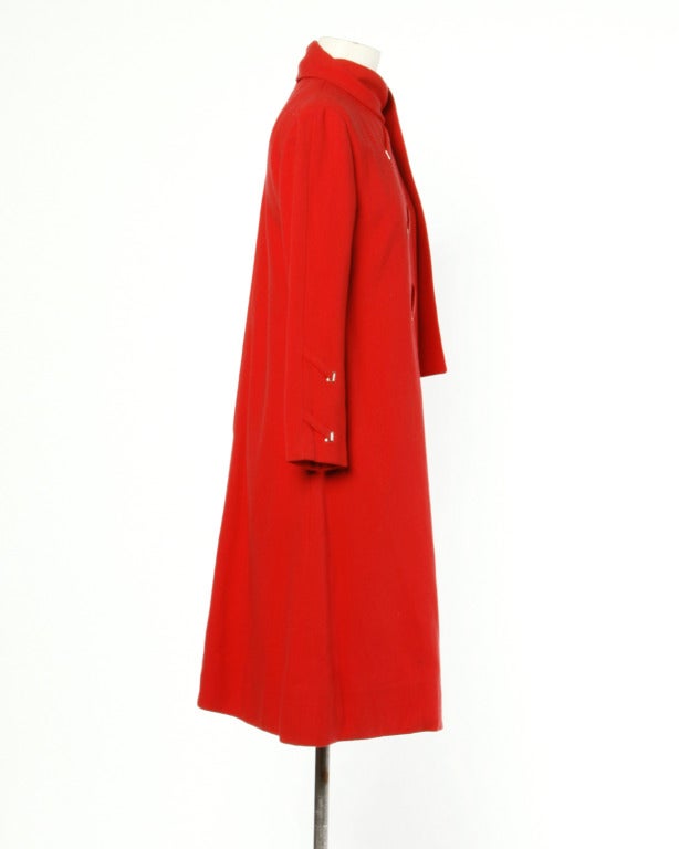 Bill Blass Vintage 1970s Cherry Red Wool Coat Dress with Attached Scarf In Excellent Condition In Sparks, NV