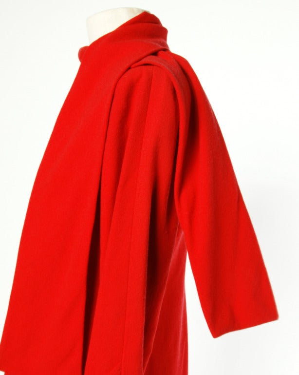Bill Blass Vintage 1970s Cherry Red Wool Coat Dress with Attached Scarf 3