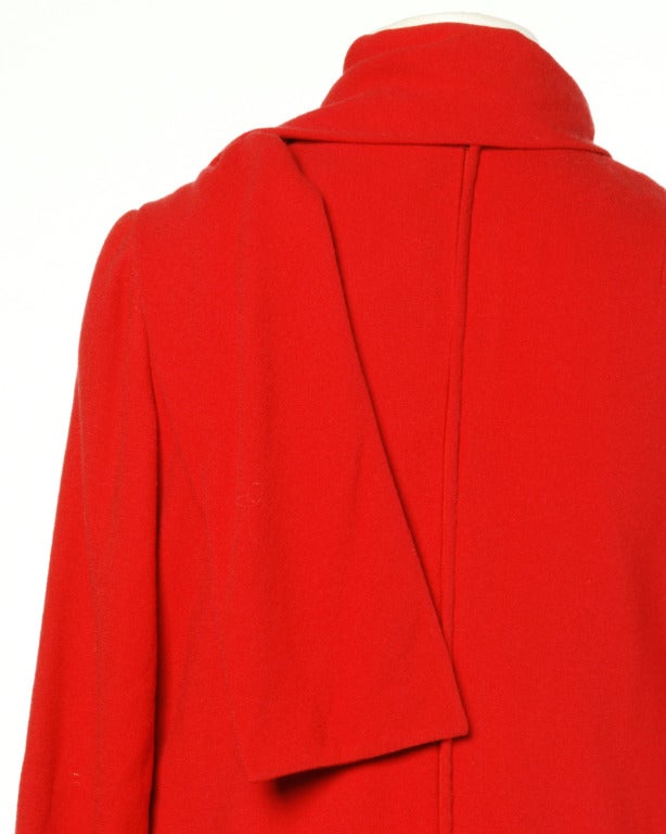 Bill Blass Vintage 1970s Cherry Red Wool Coat Dress with Attached Scarf 4