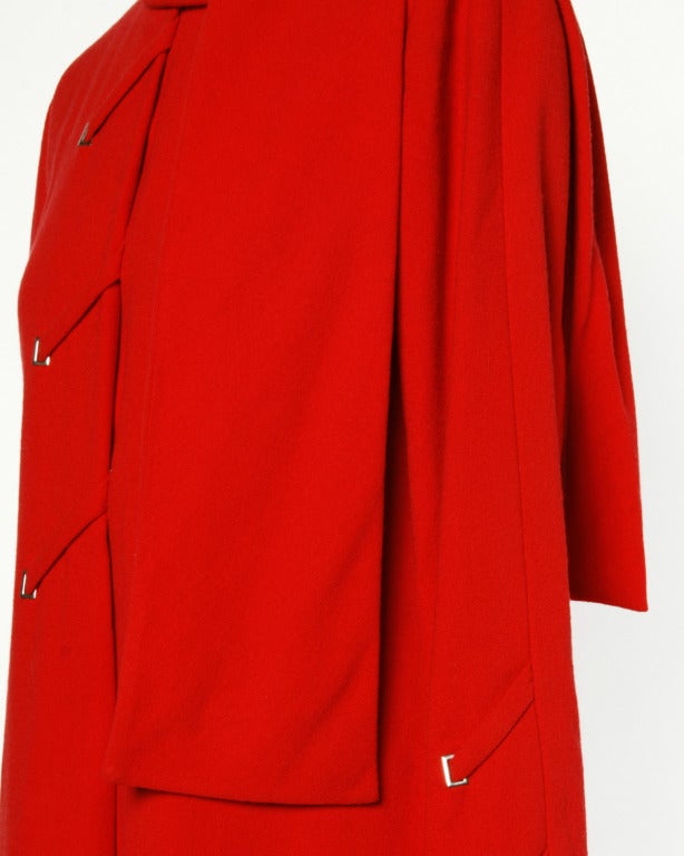 Bill Blass Vintage 1970s Cherry Red Wool Coat Dress with Attached Scarf 5