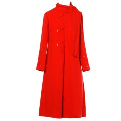 Bill Blass Retro 1970s Cherry Red Wool Coat Dress with Attached Scarf