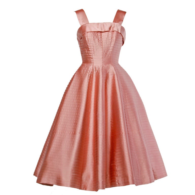 Vintage 1950s 50s Heavy Satin Pin Tuck Party Dress with a Full Sweep