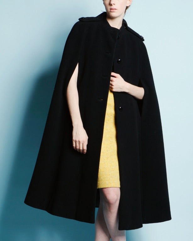 Pauline Trigere Vintage Black Wool 1970s 70s Wool Cape Coat- Military Detailing 5