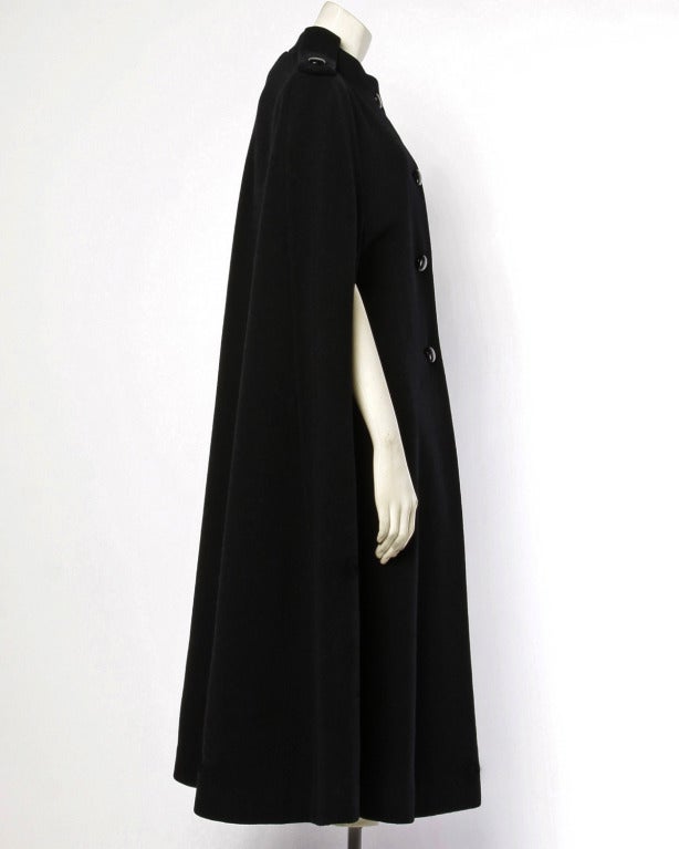 Women's Pauline Trigere Vintage Black Wool 1970s 70s Wool Cape Coat- Military Detailing