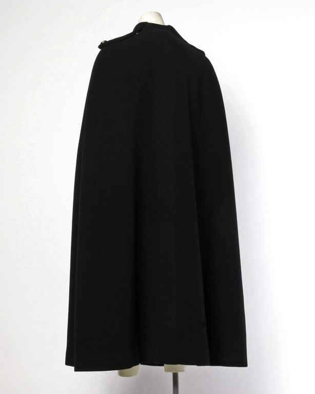 Pauline Trigere Vintage Black Wool 1970s 70s Wool Cape Coat- Military Detailing 1