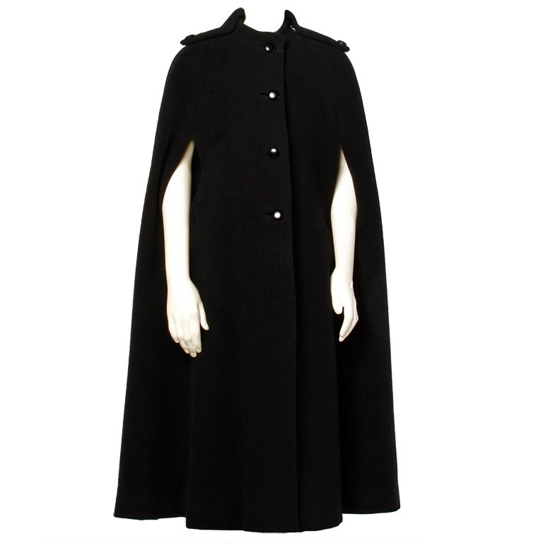 Pauline Trigere Vintage Black Wool 1970s 70s Wool Cape Coat- Military Detailing