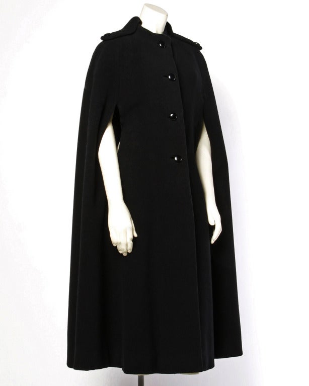 Pauline Trigere Vintage Black Wool 1970s 70s Wool Cape Coat- Military Detailing 4
