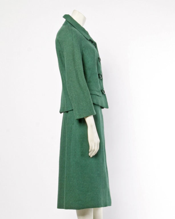 Hattie Carnegie Vintage 1950s 50s Green Wool 2-Pc Suit- Jacket + Skirt 2