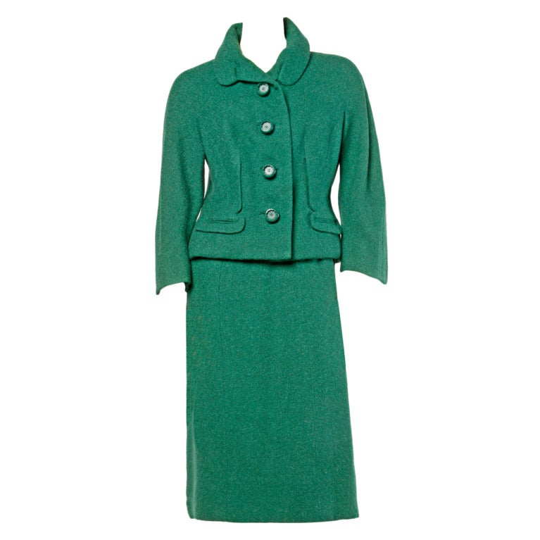 Hattie Carnegie Vintage 1950s 50s Green Wool 2-Pc Suit- Jacket + Skirt