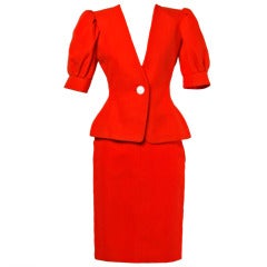 YSL Yves Saint Laurent Rive Gauche Red 2-Pc Suit- Jacket + Skirt