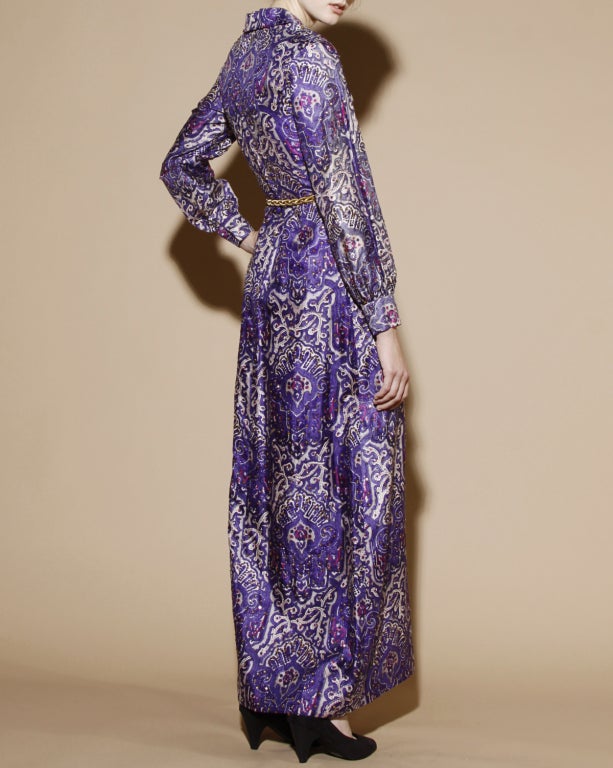 Purple Vintage India Print Silk and Sequin Maxi Dress, 1970s