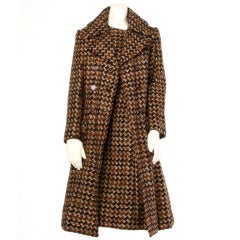 Adele Simpson Vintage 1960's 60s Houndstooth Brown Wool Coat + Dress 2-Pc Set