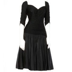 Vintage 1950's 50s Black Ruched Jersey Bodice Party Dress with a Drop Waist